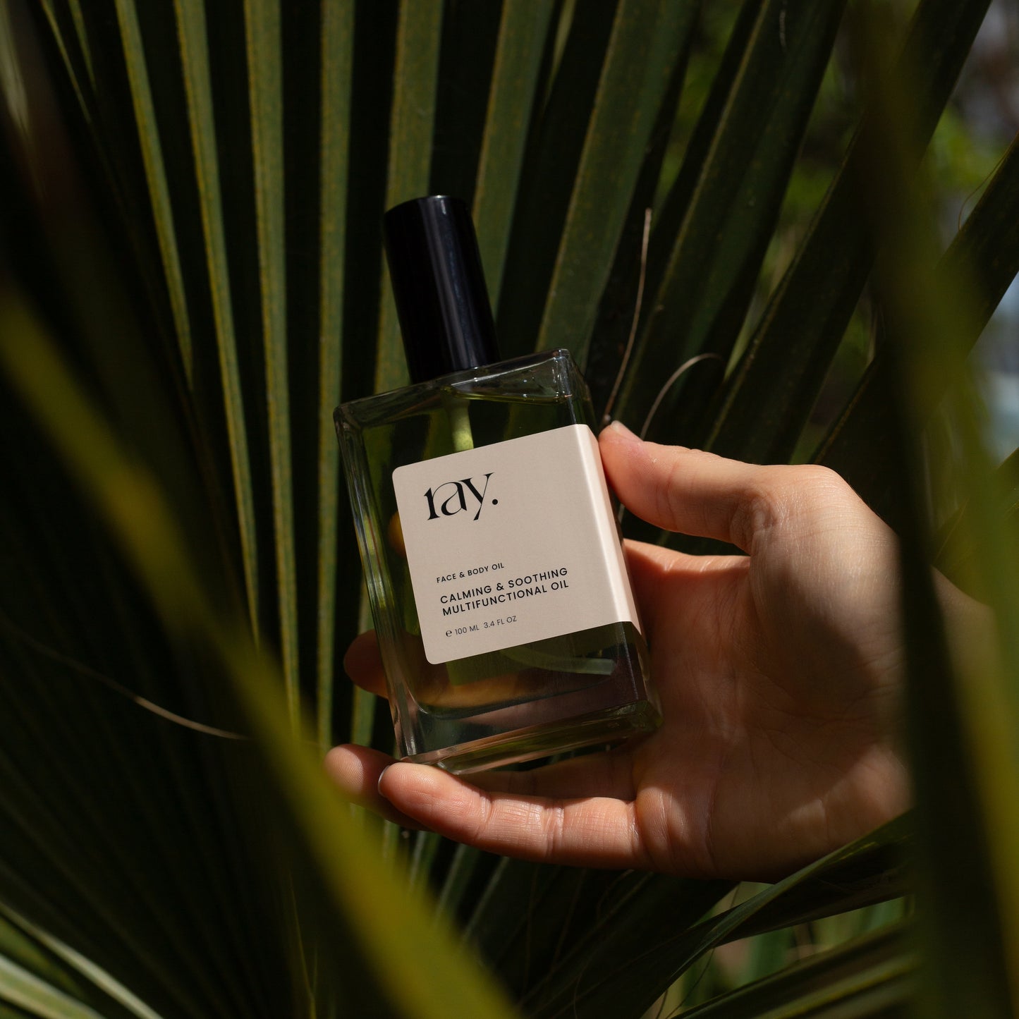 Natural organic multifunctional face and body oil being held amongst a palm tree